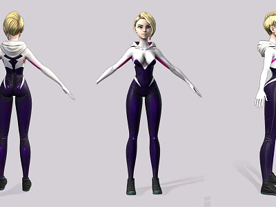 Blonde Female 3D Character Model With Purple White Bodysuit And Three Angle Standing Views 3d model