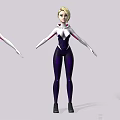 Blonde Female 3D Character Model With Purple White Bodysuit And Three Angle Standing Views