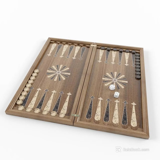 Open Wooden Backgammon Board with Pieces Dice and Symmetrical Inlay Design 3d model 