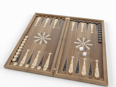 Open Wooden Backgammon Board with Pieces Dice and Symmetrical Inlay Design 3d model