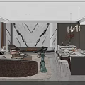Modern Living and Dining Room Interior With Marble Wall Fireplace Sofa And Dining Table