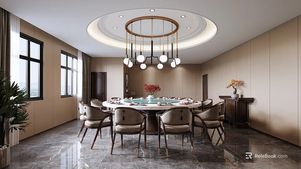 Luxurious Private Dining Room Interior With Round Table Chairs And Chandelier 3d model