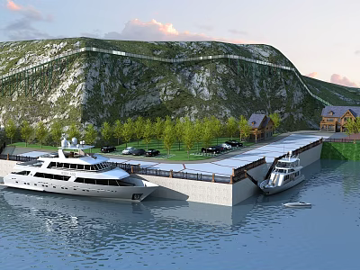 Scenic Garden Landscape Featuring Mountain Greenery Cottages and Marina Yachts 3d model