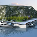 Scenic Garden Landscape Featuring Mountain Greenery Cottages and Marina Yachts