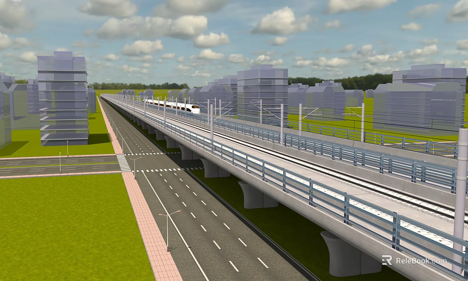 Urban Road Infrastructure With Elevated Train Track Street Lamps Buildings And Green Grass 3d model 