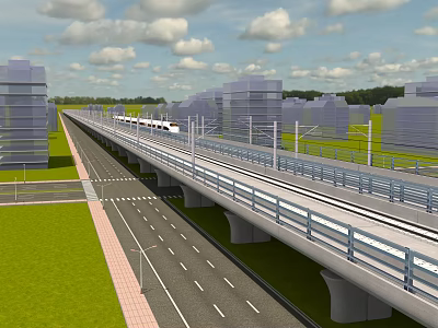 Urban Road Infrastructure With Elevated Train Track Street Lamps Buildings And Green Grass 3d model