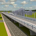 Urban Road Infrastructure With Elevated Train Track Street Lamps Buildings And Green Grass