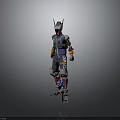Futuristic Sci Fi Armored Character Wearing Blue Orange Outfit With Mechanical Legs And Horned Helmet