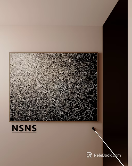 Modern Abstract Oil Painting Featuring Intricate White Lines On Black Background Hanging On Beige Wall 3d model 