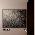 Modern Abstract Oil Painting Featuring Intricate White Lines On Black Background Hanging On Beige Wall