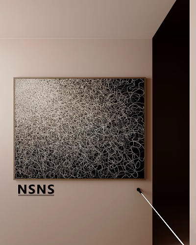 Modern Abstract Oil Painting Featuring Intricate White Lines On Black Background Hanging On Beige Wall 3d model