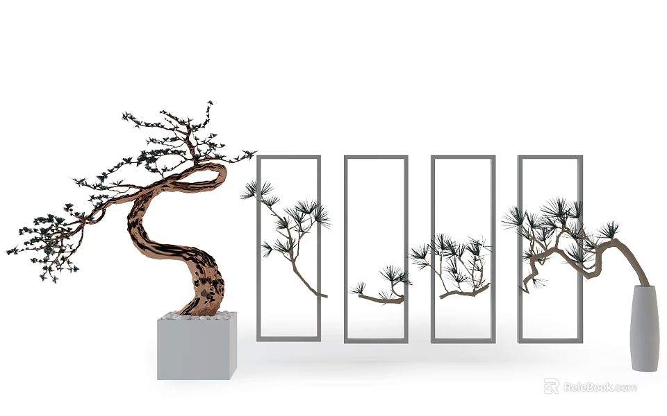 Bonsai Tree With Curved Trunk And Vertical Frames Showing Branch Details 3d model 