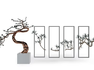 Bonsai Tree With Curved Trunk And Vertical Frames Showing Branch Details 3d model