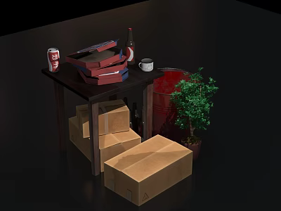 Table With Pizza Boxes Coke Can Bottle Cup Cardboard Boxes Red Barrel And Green Plant 3d model