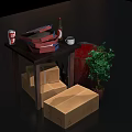 Table With Pizza Boxes Coke Can Bottle Cup Cardboard Boxes Red Barrel And Green Plant