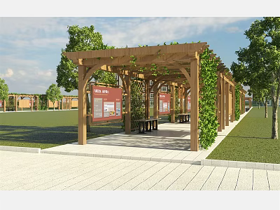 Wooden Pergola With Vines Benches And Information Boards In Outdoor Park 3d model