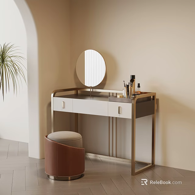 Modern Dressing Table Interior With Round Mirror White Drawers Gold Frame And Brown Stool 3d model