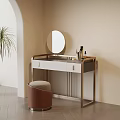 Modern Dressing Table Interior With Round Mirror White Drawers Gold Frame And Brown Stool 3d model