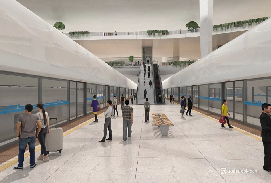 Interior View of Spacious Subway Station with Passengers Escalators Glass Walls and Benches 3d model 