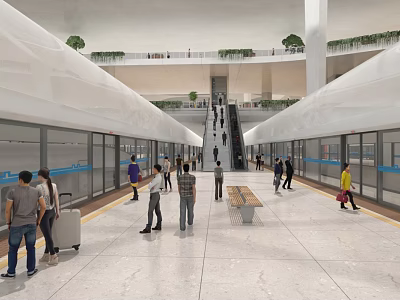 Interior View of Spacious Subway Station with Passengers Escalators Glass Walls and Benches 3d model