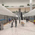 Interior View of Spacious Subway Station with Passengers Escalators Glass Walls and Benches