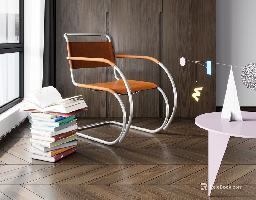 Modern Leisure Chair with Brown Seat Metal Frame near Stack of Books and Pink Table 3d model 