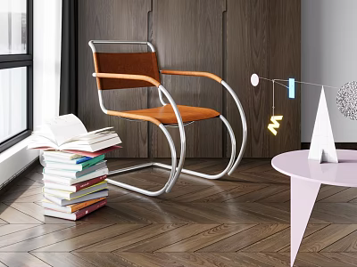 Modern Leisure Chair with Brown Seat Metal Frame near Stack of Books and Pink Table 3d model