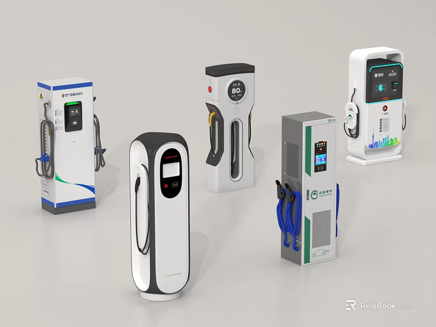 Public EV Charging Stations With Various Designs And Multiple Interface Options For Electric Vehicles 3d model