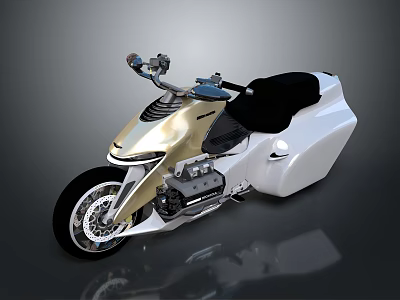 Futuristic Gold And White Motorcycle With Sleek Body Black Seat And Engine Details 3d model