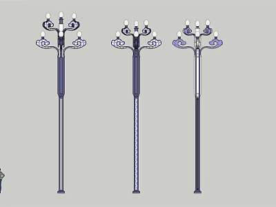 Three Outdoor Street Lamps With Ornate Multi Head Design And Elegant Poles 3d model
