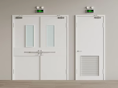 White Emergency Exit Doors Featuring Double Glass Panel And Single Ventilation Grille With Silver Handles 3d model