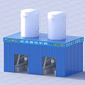Blue Protective Shed With Two White Storage Tanks For Bulk Storage Transportation
