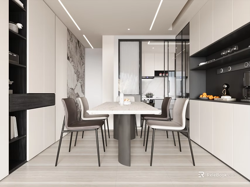 Modern Dining Room Interior Design With Dining Table Chairs White Cabinets And Wall Art 3d model