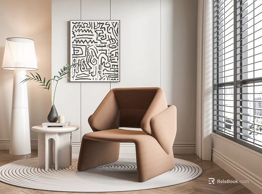 Modern Brown Accent Chair with Side Table Vase Plant Abstract Wall Art and Round Rug 3d model 