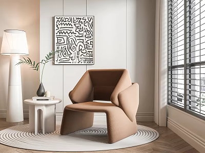 Modern Brown Accent Chair with Side Table Vase Plant Abstract Wall Art and Round Rug 3d model