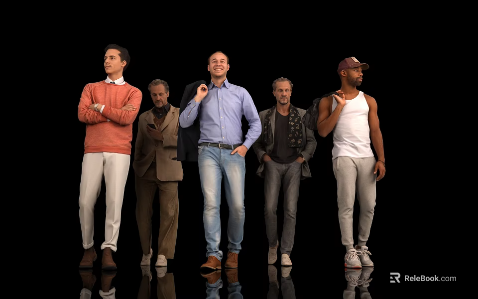 Five Men Standing Together Against Black Background With Different Outfits 3d model 