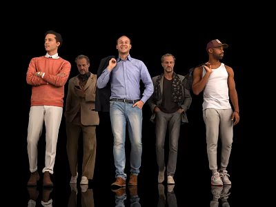 Five Men Standing Together Against Black Background With Different Outfits 3d model