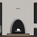 Modern Arched Fireplace Interior With Burning Flames Wooden Base And Cylindrical Decor
