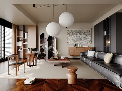 Modern Living Room Interior With Black Leather Sofa White Spherical Pendant Lights And Herringbone Floor 3d model