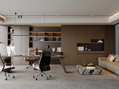 Modern Office Interior Design With Desk Chairs Bookshelves Sofa And Marble Coffee Table 3d model