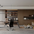 Modern Office Interior Design With Desk Chairs Bookshelves Sofa And Marble Coffee Table