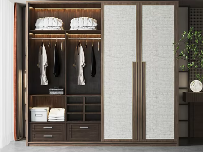 Modern Wooden Wardrobe With Double Doors Hanging Rods Folded Clothes And Drawers 3d model