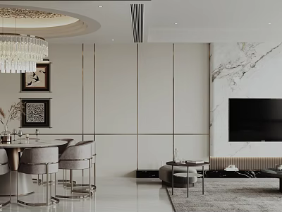 Elegant Modern Dining Living Room Interior With Marble Wall Chandelier Dining Table And TV Unit 3d model