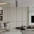 Elegant Modern Dining Living Room Interior With Marble Wall Chandelier Dining Table And TV Unit