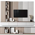 Modern TV Stand With White Wooden Drawers Cabinets Decorative Vase Photo Frame And Bookshelf Nearby