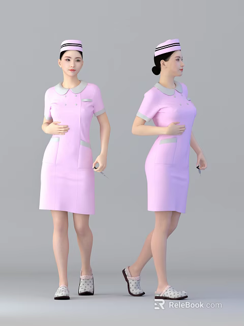 Woman In Pink Dress With White Collar Short Sleeves Pockets And Stethoscope 3d model 