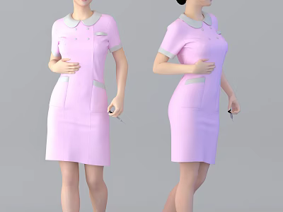 Woman In Pink Dress With White Collar Short Sleeves Pockets And Stethoscope 3d model