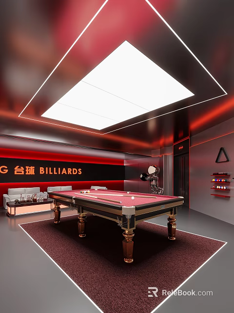 Modern Billiard Room Interior With Red Black Decor Billiard Table Sofa And Cue Rack 3d model