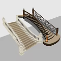 Elegant Curved Staircase Designs With Light Stone Steps Dark Gold Railings And Column Lamps