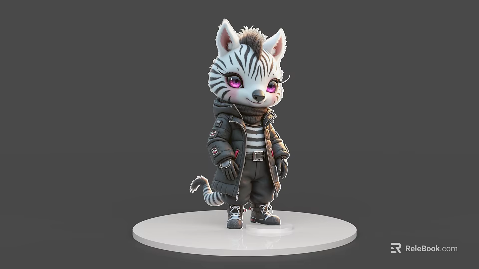Game Movie Character Zebra Cat With Pink Eyes Black Coat Striped Shirt On White Base 3d model 